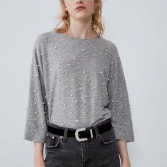 Zara Pearl Embellished Crew Neck Oversized Sweater Size Small in Gray - Picture 3 of 10